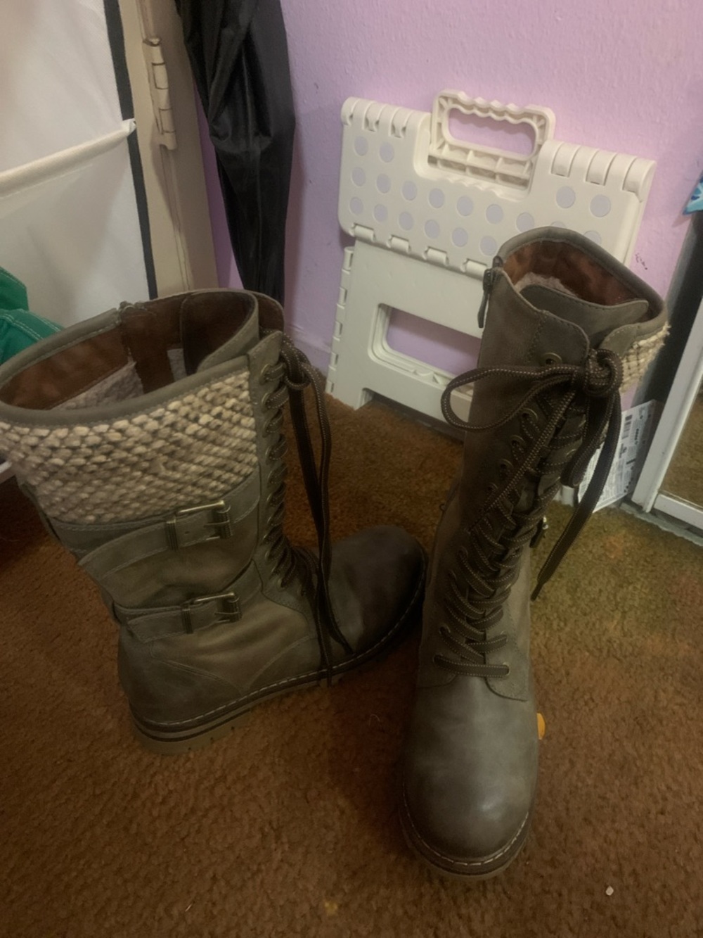 Lace-Up Mid-Calf Boots with Woven Cuff - Olive